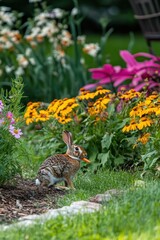 Obraz premium A rabbit nibbling on a carrot amidst colorful flowers in a garden.