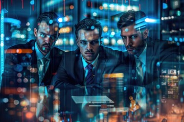 Collaborative managers in city with digital charts and team.