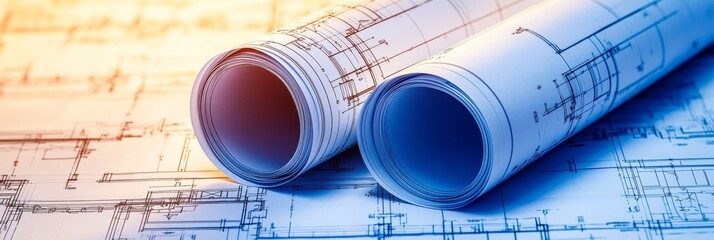 Architectural blueprint rolls Detailed technical drawings for construction  engineering projects