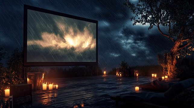 Fototapeta A spooky movie night setup with a large screen, eerie glowing candles, and a backdrop of howling wind and thunder.
