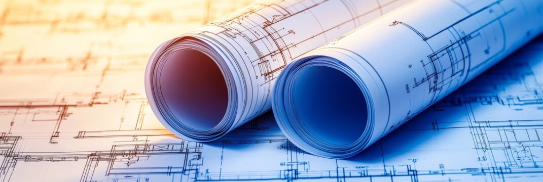 Architectural blueprint rolls Detailed technical drawings for construction  engineering projects