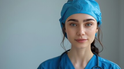 Young female healthcare worker wearing scrubs and cap