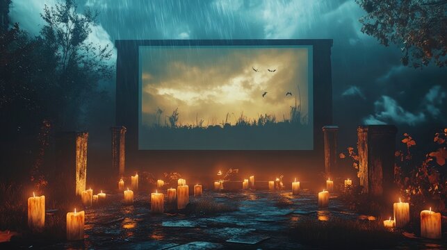 Fototapeta A spooky movie night setup with a large screen, eerie glowing candles, and a backdrop of howling wind and thunder.