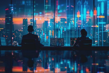 Silhouettes working together  team conference  forex trading performance.