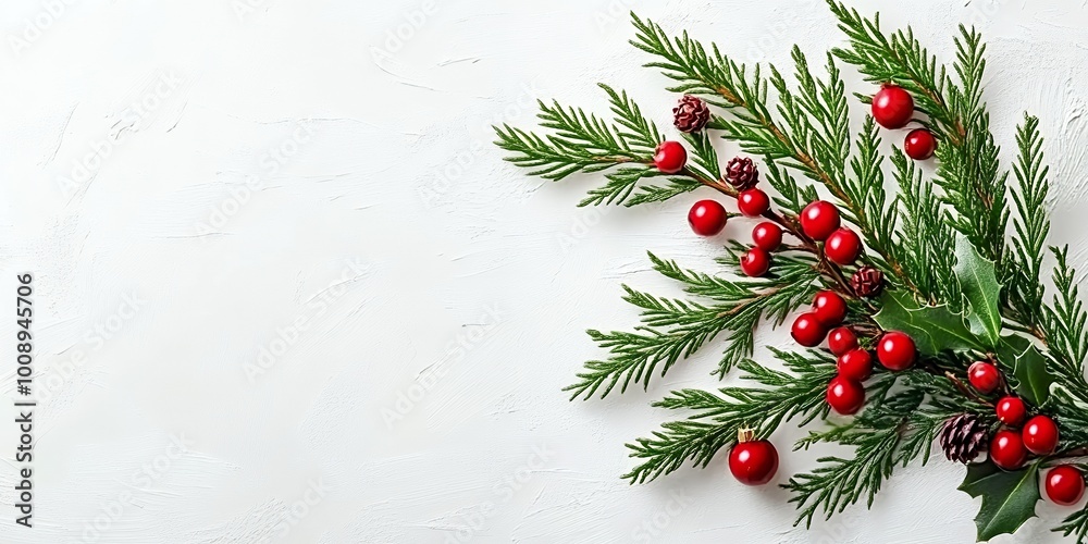 Wall mural Green pine branches with red berries on a white background.