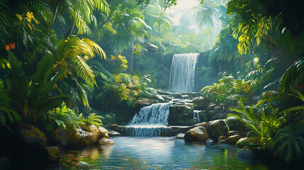 Lush tropical rainforest with a cascading waterfall, sunlight filtering through the canopy.