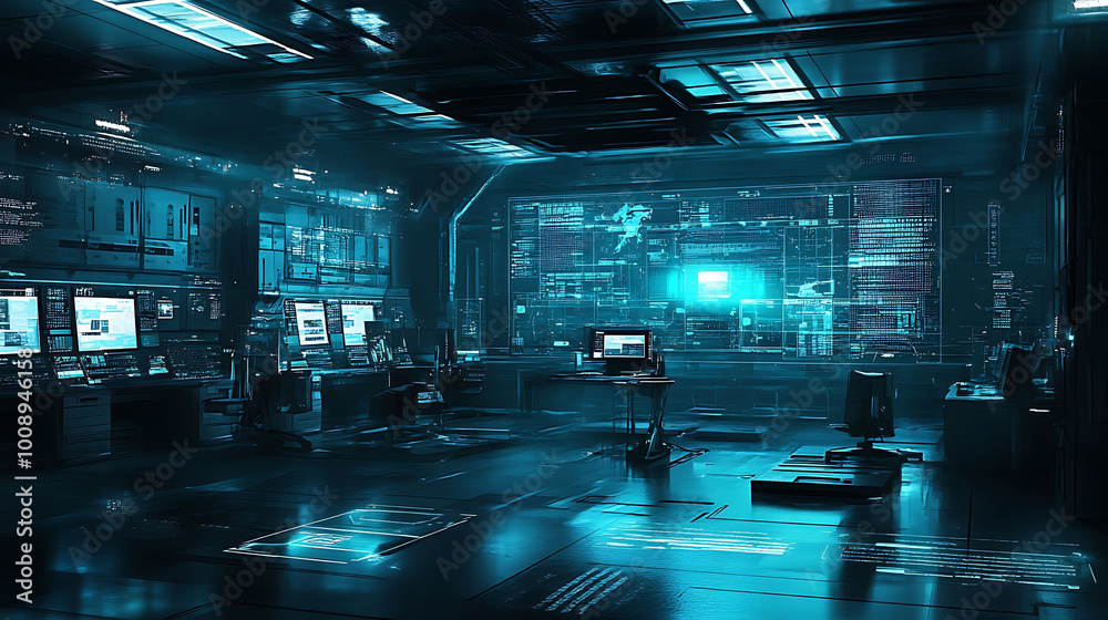 Aufkleber a futuristic control room with multiple screens displaying data and information.