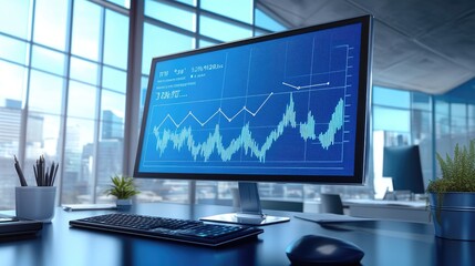 Fototapeta premium Modern business setting with dynamic upward arrow charts displayed on a high-tech monitor