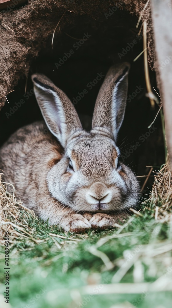 Sticker A rabbit resting in its burrow, surrounded by hay and greenery.