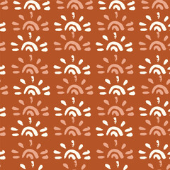 Boho abstract morning rising sun texture vector seamless pattern. Child sunrise background. Scandinavian decorative style surface design for nursery and baby fashion. Perfect for fabric, wallpaper and