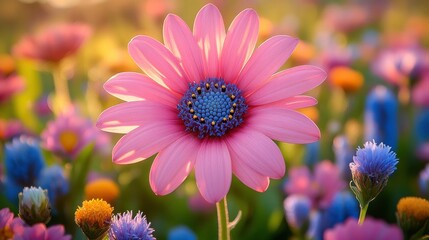 Obraz premium Pink Daisy in a Field of Flowers