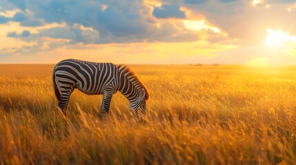 Naklejka premium Zebra Grazing on Savanna Grass at Sunset with Peaceful Scenic Landscape