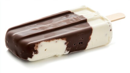 Classic vanilla ice cream popsicle dipped in chocolate, isolated on white