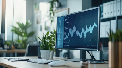 Fototapeta premium Professional office scene with dynamic upward arrow charts on a high-tech digital monitor