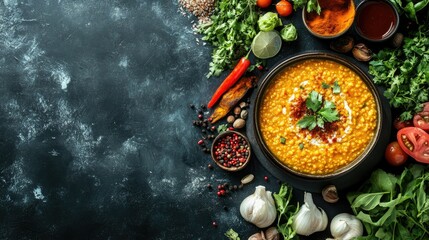 An overhead view of a colorful spread featuring dal in a traditional bowl, surrounded by fresh ingredients,