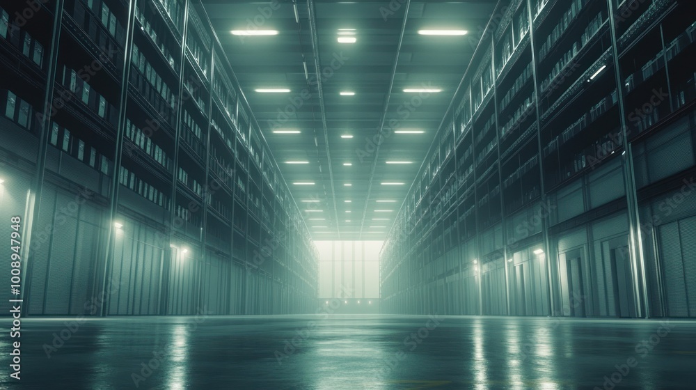 Poster empty industrial warehouse with rows of shelving and fog