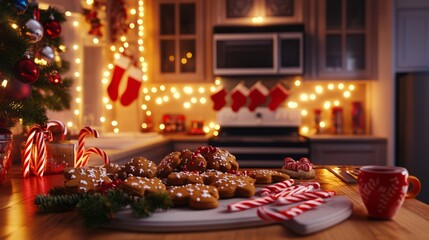 Naklejka premium Making festive gingerbread cookies in a festive kitchen, gingerbread cookies with candy canes and festive decorations. Hyperrealistic 4K photo.