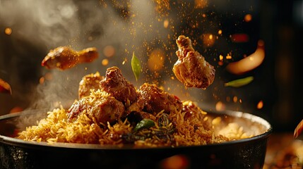 Chicken biryani in motion: flying rice, chicken, and spices coming together mid-air, celebrating the bold flavors