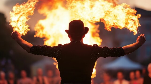 A fire performer holds flaming torches in both hands during a dramatic fire show, captivating the crowd at an outdoor night event..