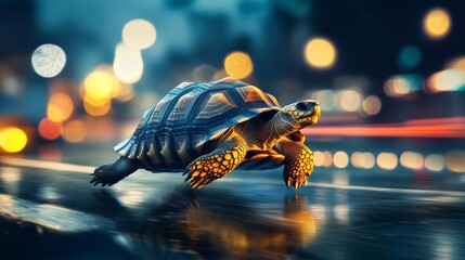 A cute little turtle blitzing through a busy highway at night, in a bustling city with blurred neon lines passing by through it, animal photography, professional shot