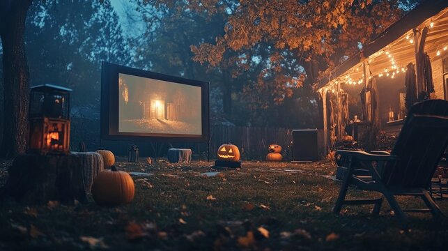 Fototapeta A spooky outdoor movie night setup with friends watching classic horror films on a big screen.
