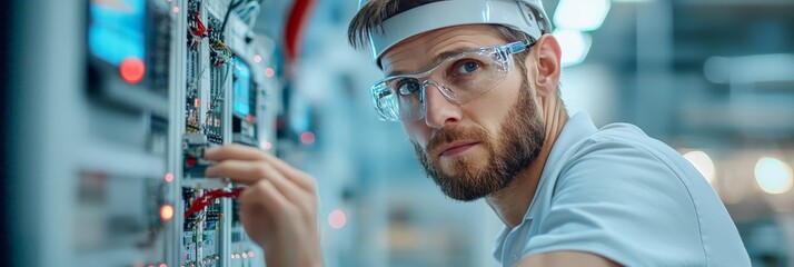 An electrical engineer conducting an energy audit on a factory floor, inspecting power equipment and data monitors