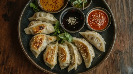 Flat lay of a plate filled with succulent momos, garnished with sesame seeds, and served with a variety of sauces,