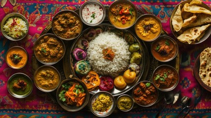 Flat lay of a sumptuous thali meal, including rice, various curries, and sweet treats, arranged on a colorful tablecloth,
