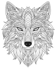 Fototapeta premium Intricate wolf face illustration with complex patterns and geometric designs in a black and white coloring page