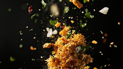 Ingredients of spicy chicken biryani--saffron rice, chicken, fried onions, and fresh herbs--suspended in mid-air,