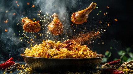 Mid-air Hyderabadi chicken biryani explosion with flying rice, chicken, and traditional Indian spices like saffron, cardamom, and cloves,