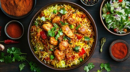 Overhead shot of a colorful Chicken Biryani dish with fragrant rice, tender chicken pieces, and a side of salad,