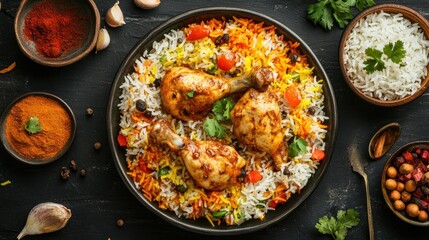 Overhead shot of a colorful Chicken Biryani dish with fragrant rice, tender chicken pieces, and a side of salad,