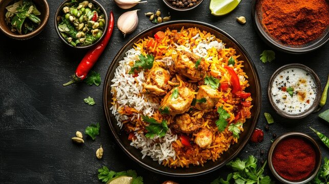 Overhead shot of a colorful Chicken Biryani dish with fragrant rice, tender chicken pieces, and a side of salad,