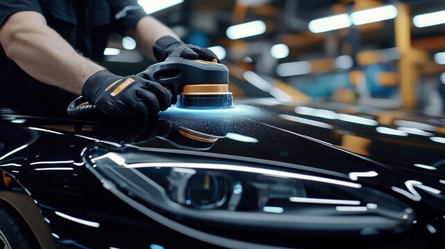 Worker polishing a black car's hood with an electric buffer at an auto detailing shop