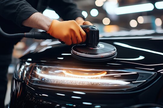 Worker polishing a black car's hood with an electric buffer at an auto detailing shop