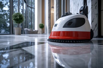 Obraz premium Floor cleaning machine polishing a marble surface in a modern building