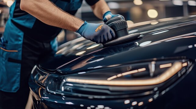 Worker polishing a black car's hood with an electric buffer at an auto detailing shop