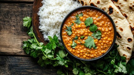 Overhead shot of a steaming bowl of red lentil dal, served with a side of rice and naan, beautifully arranged on a rustic wooden table with fresh herbs.