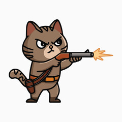 Bold Line Art Funny Cat Firing with Gun Vector Illustration