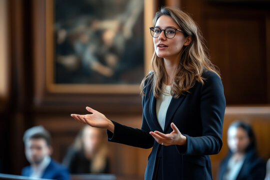 Confident female lawyer in a modern courtroom, presenting arguments in front of a jury.
