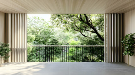 Modern Open Balcony with Vertical Slats and Lush View