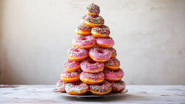 A festive display of colorful donuts arranged in a tower shape on a rustic plate against a light background