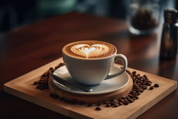 Cup with Latte Coffee. Heart shaped latte art