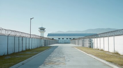 Naklejka premium Front view of a maximum security prison establishment in the middle of nowhere with high fences and tall walls with a fully covered interior, professional photography