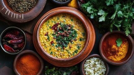 Top view of a colorful spread featuring dal served in a traditional clay bowl, surrounded by side dishes and spices, creating a rich and inviting presentation.