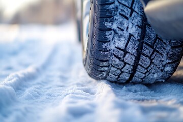 Close-up of a car tire on a snowy road during winter