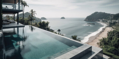 Fototapeta premium Outdoor tourism landscape.Hotel with a swimming pool. Luxurious beach resort with swimming pool. Summer travel and vacation background concept