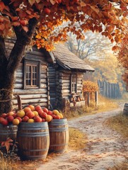 Naklejka premium Picturesque Rural Scene with Autumn Leaves and Fruits