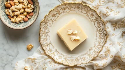 Fototapeta premium Top view of a single piece of kaju katli on a decorative plate, accompanied by a small bowl of mixed nuts